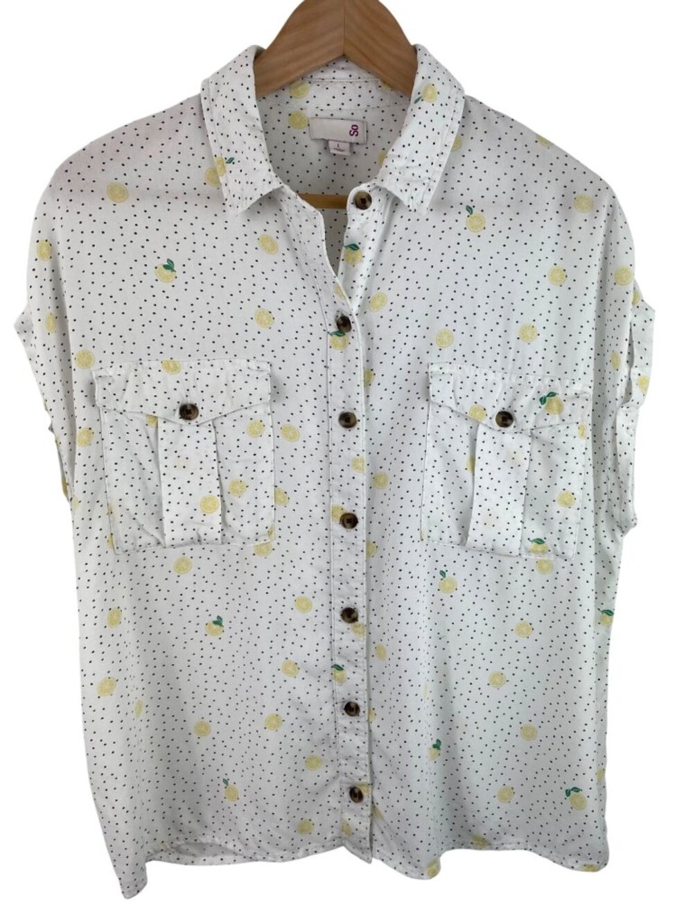 SO Womens Size Large White w/Black Polka Dots & Lemons Button Up Shirt